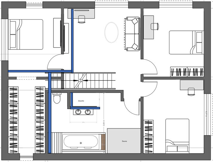 Grundriss eines Hauses mit Bad, Dusche, Sauna, Schlafzimmer und Wohnzimmer