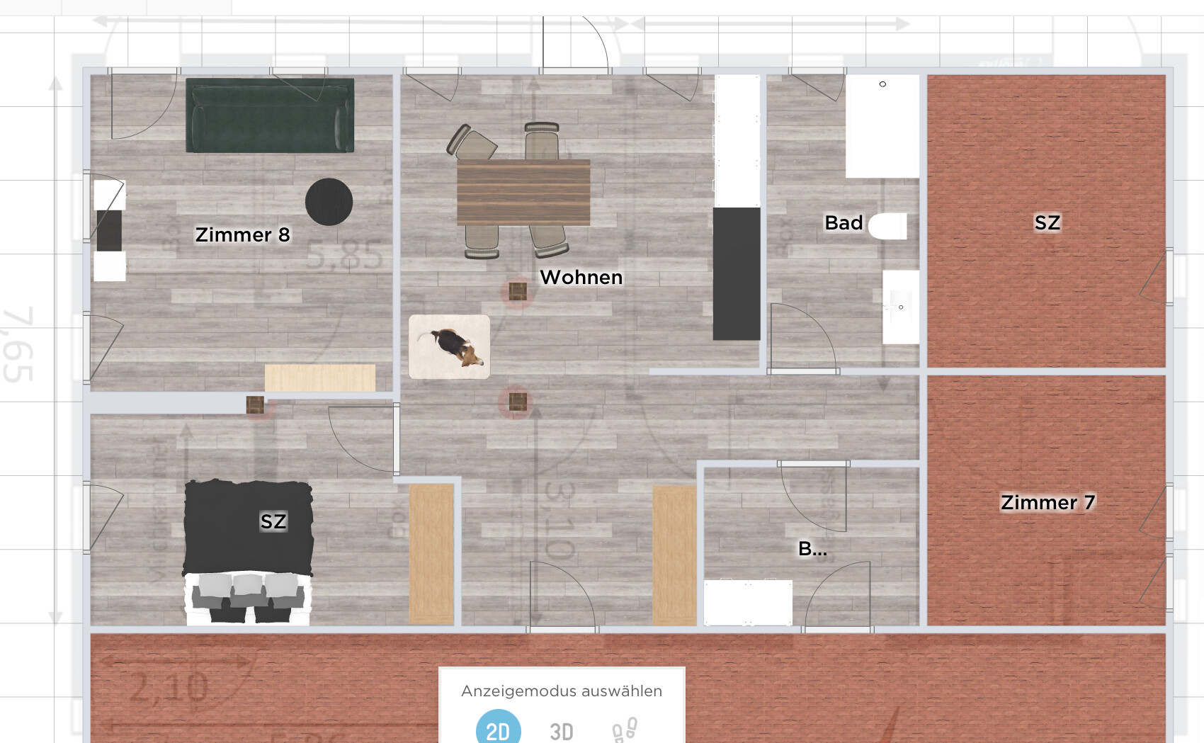 Grundriss eines Apartments: Links Zimmer 8, Mitte Wohnen mit Esstisch, rechts Bad, SZ und Zimmer 7.