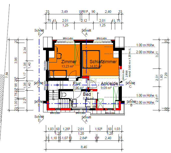 2D-Grundrissplan eines Hauses mit Flur, Bad, Schlafzimmer und Zimmern