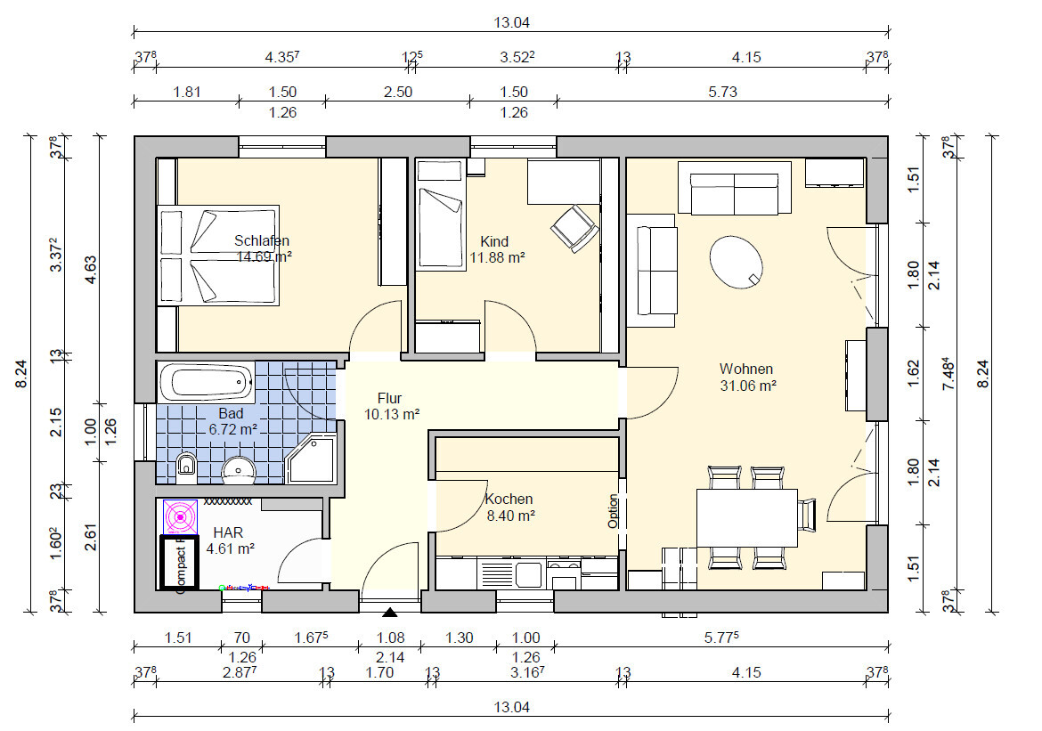 Grundriss einer Wohnung: Wohnzimmer, Küche, Flur, Bad, Schlafen, Kind, HAR.