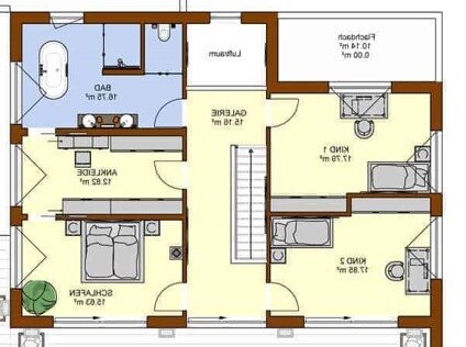 2D-Grundriss eines Hauses mit Bad, Küche, Schlafzimmern, Flur und Treppe