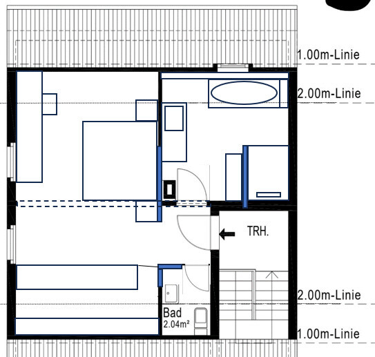 Grundrissplan eines Hauses mit Badezimmer, Schlafzimmer, Flur und Treppenbereich sichtbar