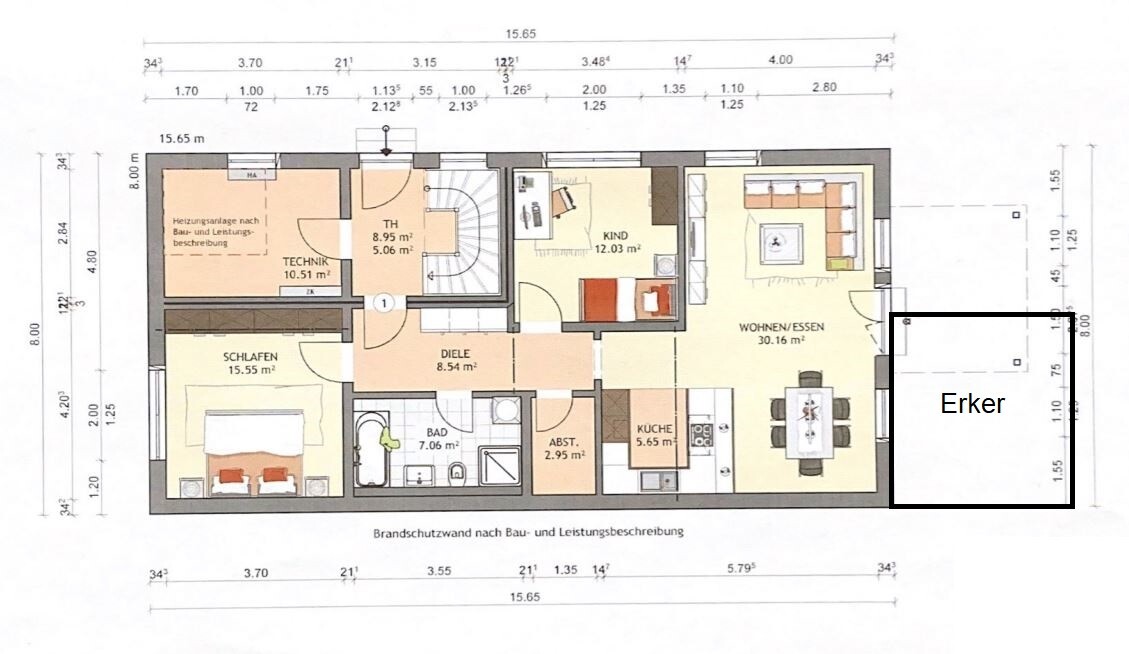 Grundriss eines Hauses mit Schlafzimmer, Wohnzimmer, Küche, Bad und Erker.