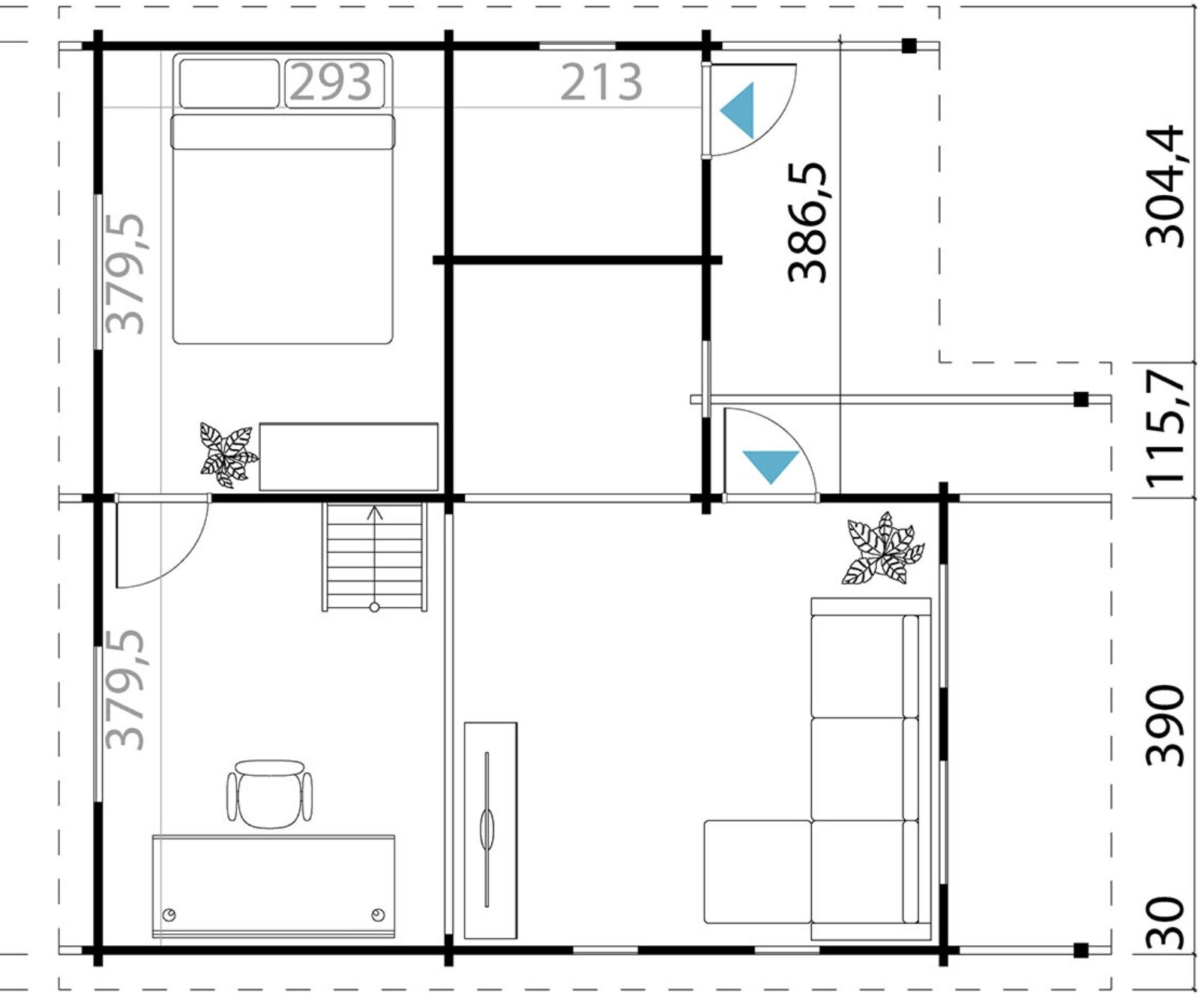 Grundriss eines Hauses: Schlafzimmer links, Arbeitszimmer unten links, Wohnzimmer rechts, Treppe Mitte.