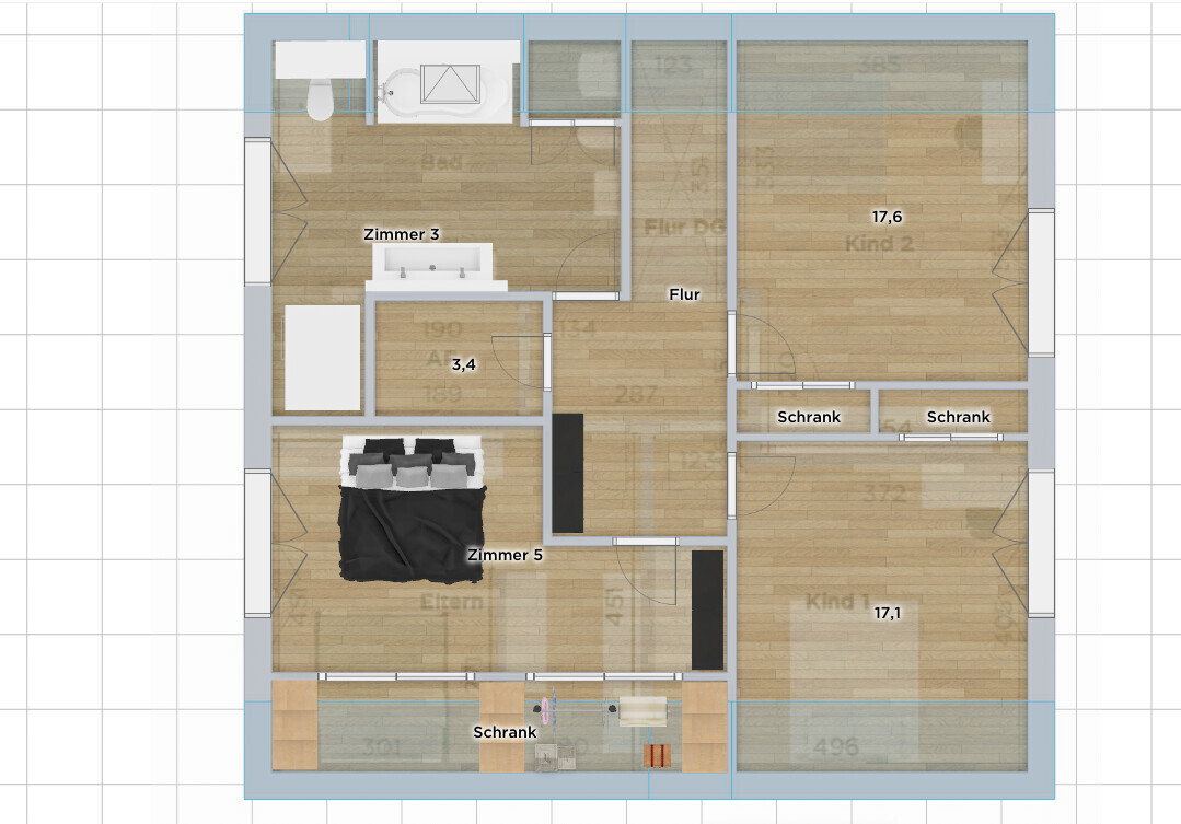 Grundriss eines Apartments mit Flur, Bad, zwei Kinderzimmern und Schlafzimmern sowie Möbeln.