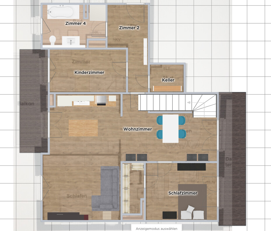 Grundriss einer Wohnung: Wohnzimmer, Küche, Schlafzimmer, Kinderzimmer, Zimmer 2/4, Keller, Balkon.