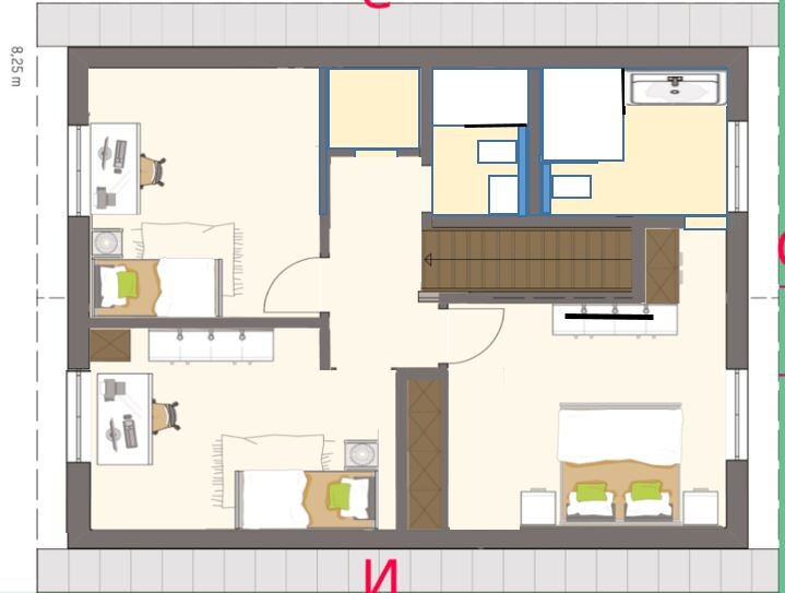 Grundriss einer Wohnung mit drei Schlafzimmern, Küche, Bad, Flur und Treppe im Zentrum.