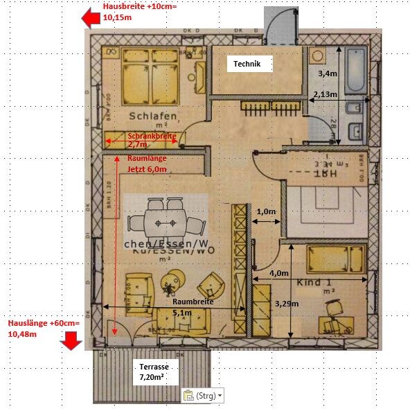 2D-Hausgrundriss mit Wohnzimmer, Schlafzimmer, Küche, Bad und Terrasse