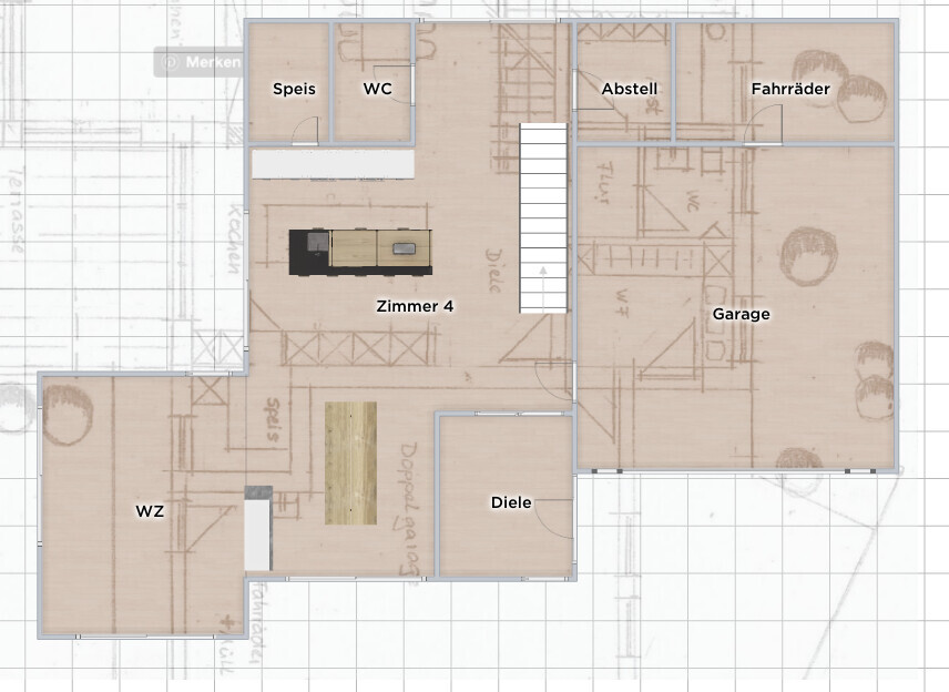 Grundriss eines Hauses: Zimmer 4, Diele, WZ, Speis, WC, Abstell, Fahrräder, Garage.