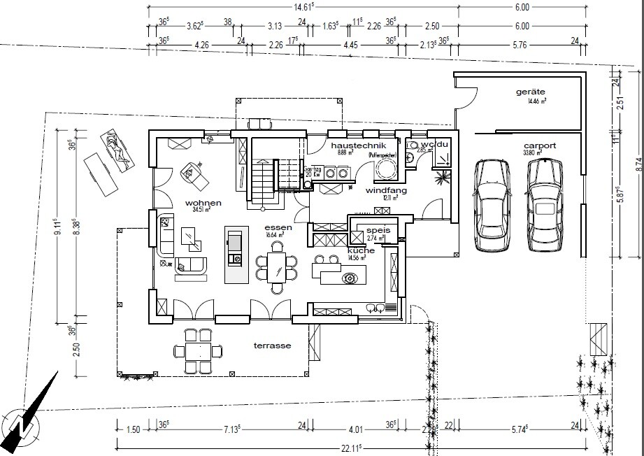 Grundrissplan eines Einfamilienhauses mit Wohnzimmer, Essbereich, Küche, Terrasse und Carport