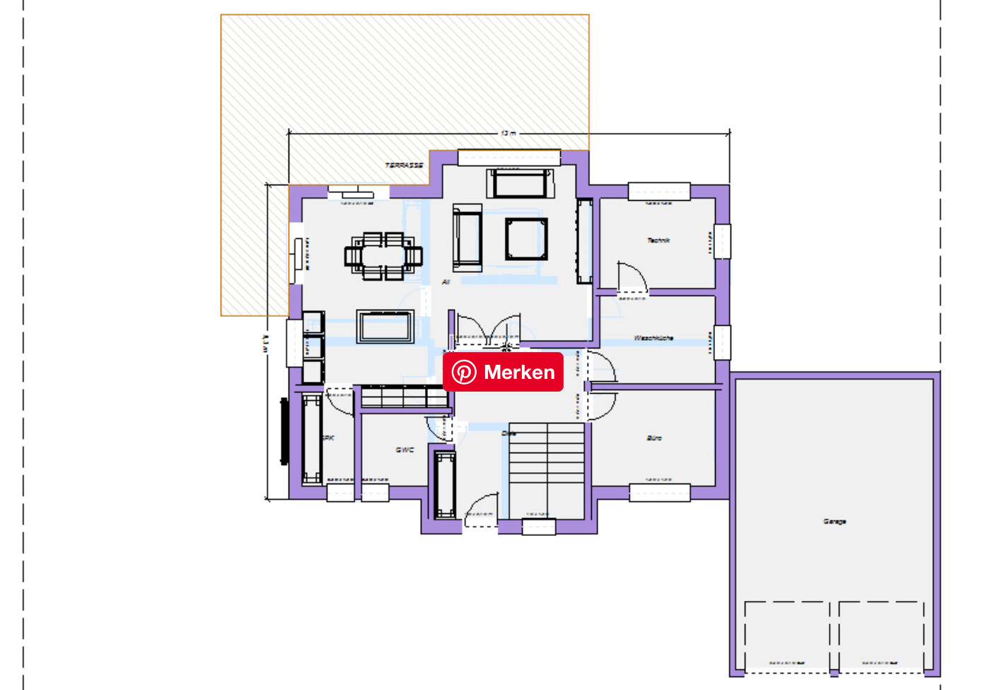 Grundriss eines Wohnhauses mit Terrasse, Technik- und Werkstattbereich sowie Garage.