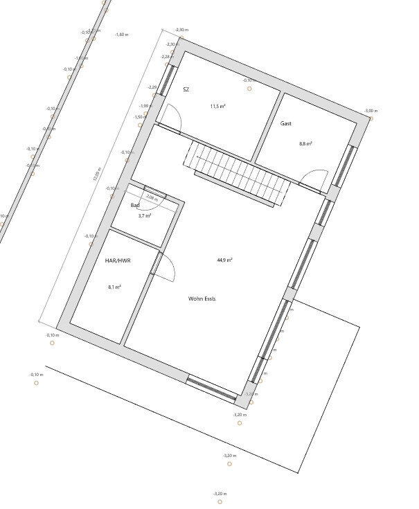 Grundriss eines Hauses: Wohn-/Essbereich, SZ, Gast, Bad, HAR/HWR, Treppe.