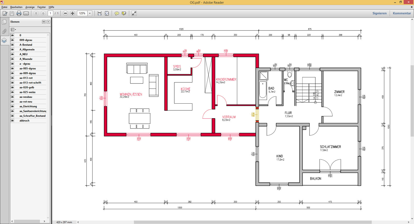 Grundrissplan eines Hauses mit Wohnbereich, Küche, Kinderzimmer und Schlafzimmer