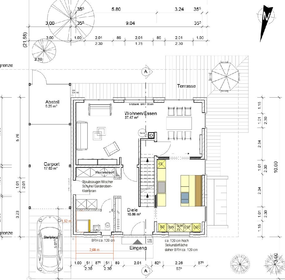 Grundriss: Haus mit Wohnen/Essen, Diele, Küche, Schlafzimmer, Terrasse, Carport.