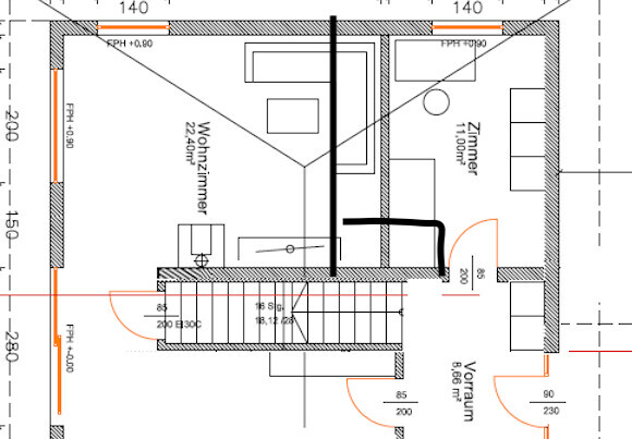 Grundriss: links Wohnzimmer, rechts Zimmer; Mitte Treppenhaus; Vorraum unten; Türen/Fenster sichtbar.