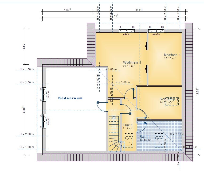 Grundriss eines Hauses mit Bodenraum, Wohnen, Kochen, Schlafen, Bad und Flur.