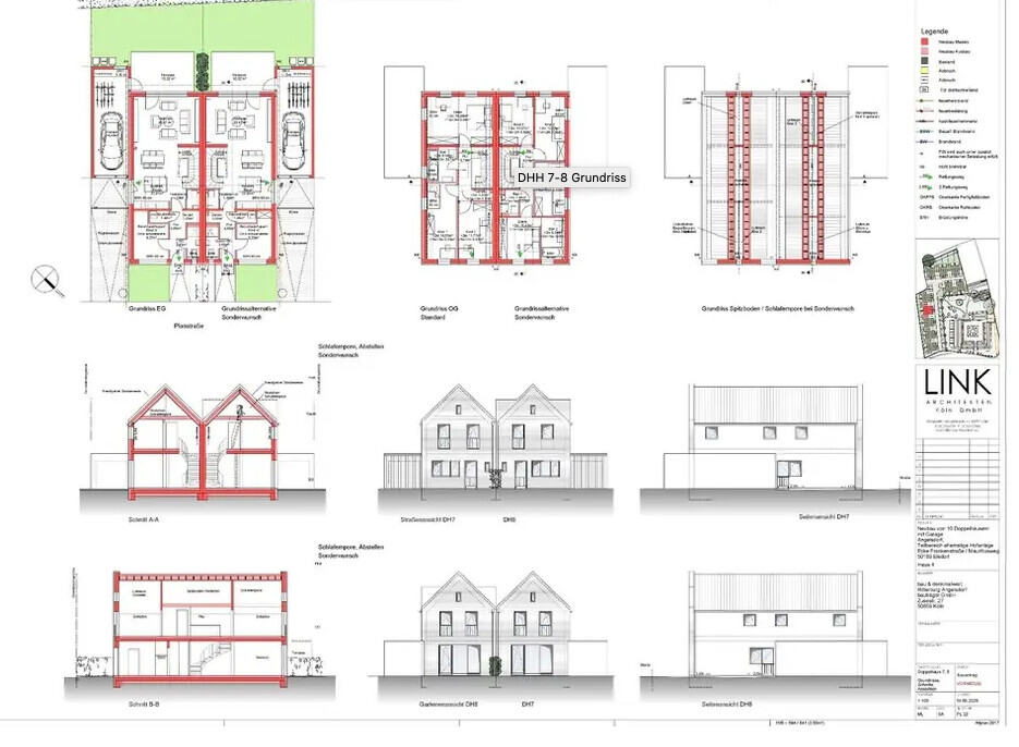 Architekturplan eines Mehrfamilienhauses: Grundrisse EG/OG, Schnitte und Ansichten.