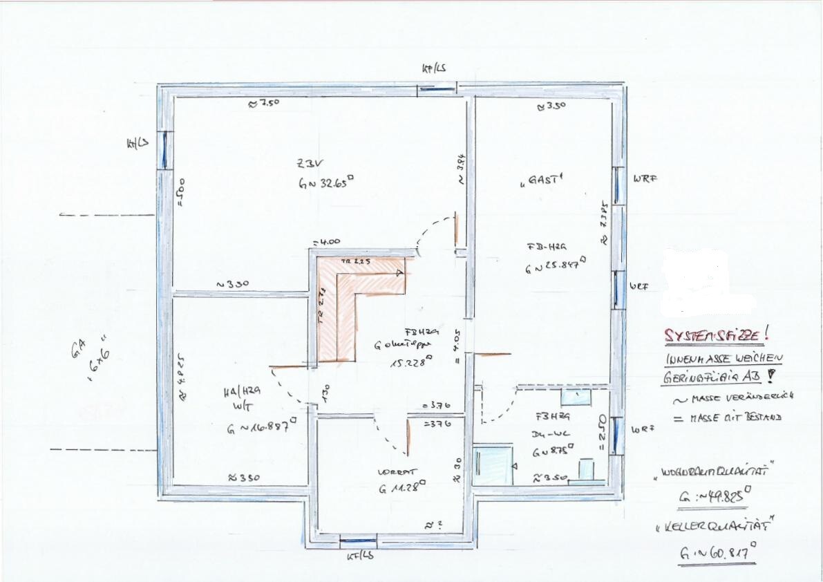 Handgezeichnete Haus-Grundrissskizze mit Zimmern und Maßen
