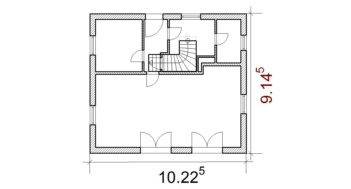 2D-Hausgrundriss mit Treppenhaus und mehreren Innenräumen in Linienzeichnung