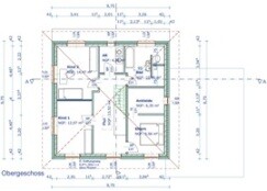 Grundrissplan eines Hauses mit Zimmern, Fluren und Treppen
