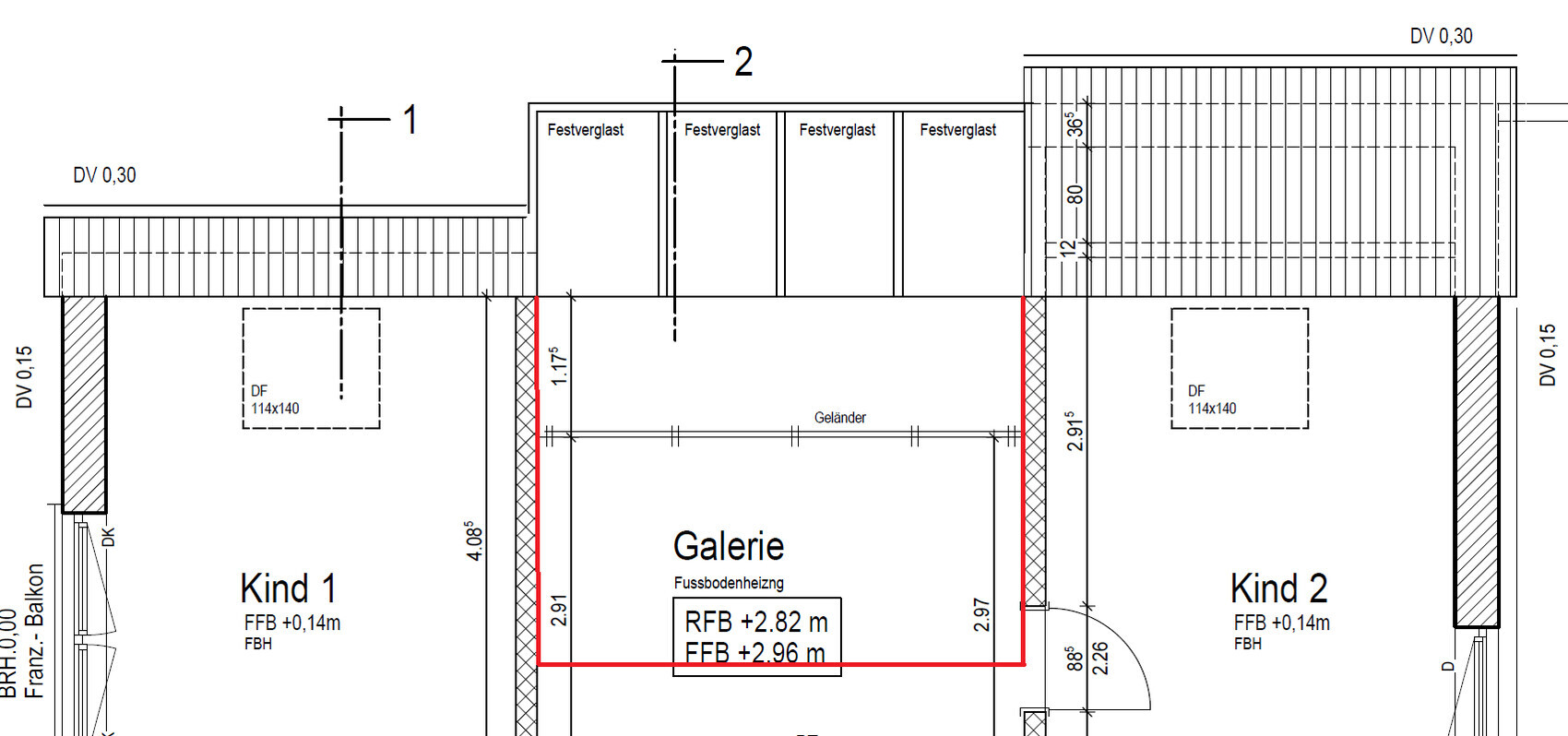 Architekten-Grundriss eines Wohnhauses mit Kind 1, Kind 2 und Galerie, detaillierte Maßangaben