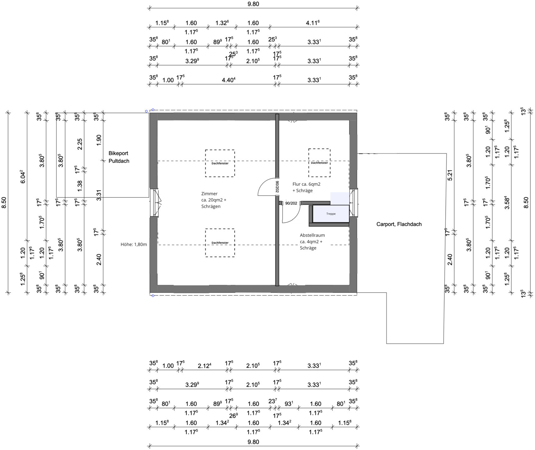 Grundriss: Zimmer ca. 20 m², Dachfenster, Flur, Abstellraum, Treppe; Carport Flachdach.