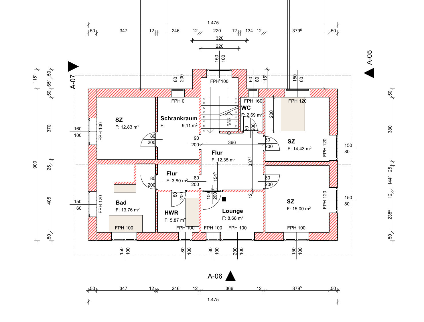 2D Grundriss eines Wohnhauses mit Schlafzimmer, Lounge, Bad, Flur und Küche