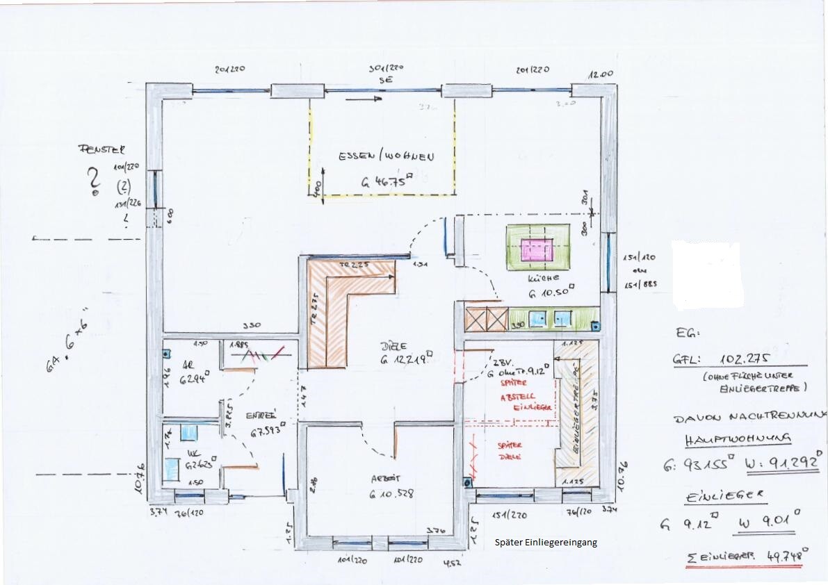 Handgezeichneter Hausgrundriss mit Zimmern, Treppen und Küche