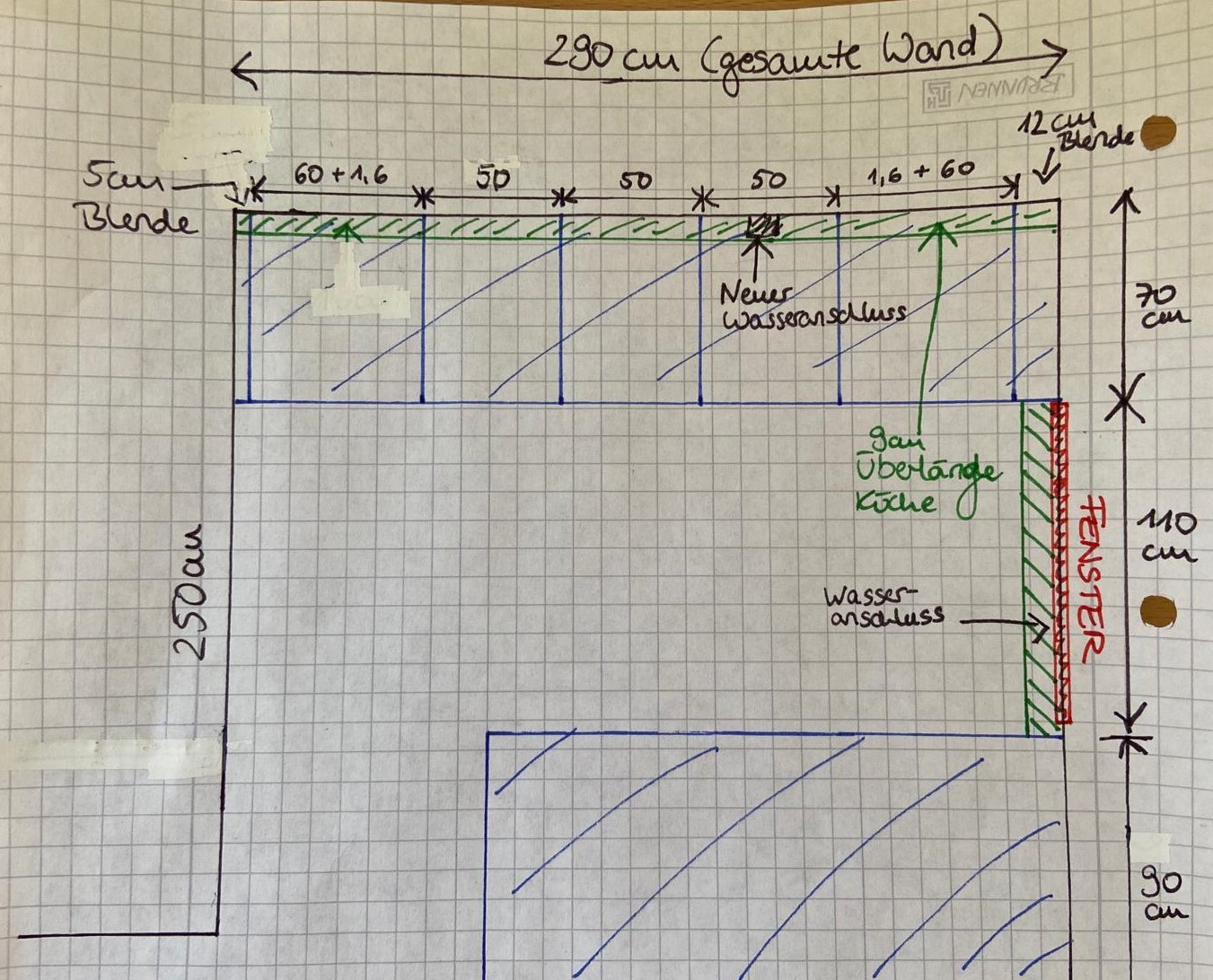 Handgezeichnete Küchenlayout-Skizze: lange blaue Arbeitszeile, 290 cm Wand, neuer Wasseranschluss.