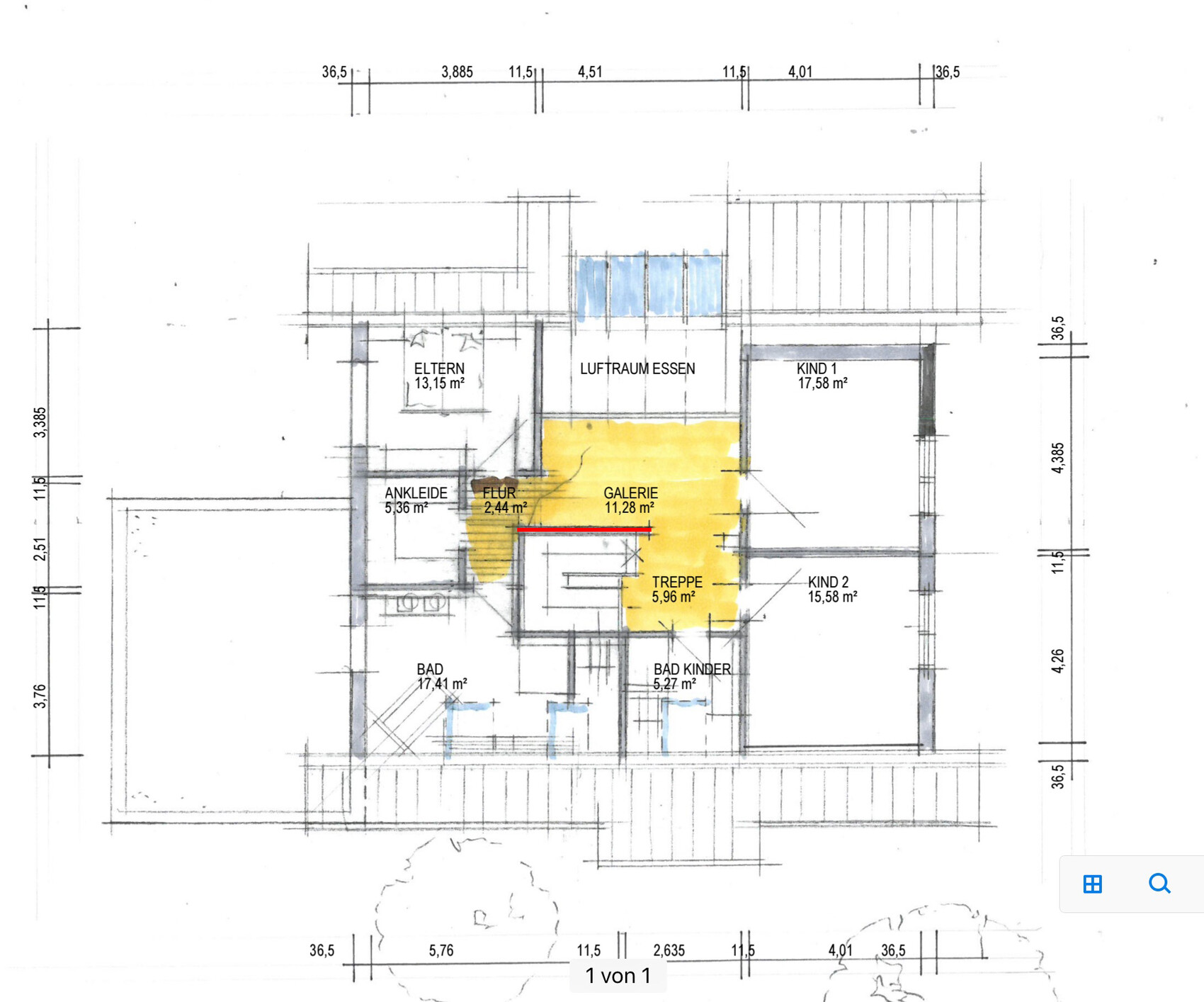 Grundrissplan eines Wohnhauses mit Flur, Treppe, Bad, Ankleide und Kinderzimmer