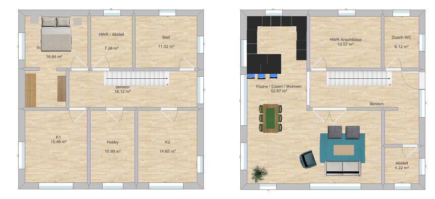 Zwei 2D-Grundrisspläne eines Hauses mit Schlafzimmern, Küche, Bad und Wohnzimmer