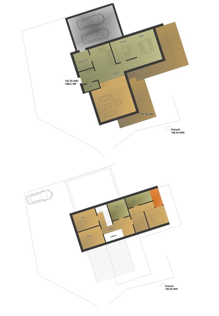Grundriss eines zweistöckigen Hauses mit Garage, Treppe und farblich markierten Räumen.