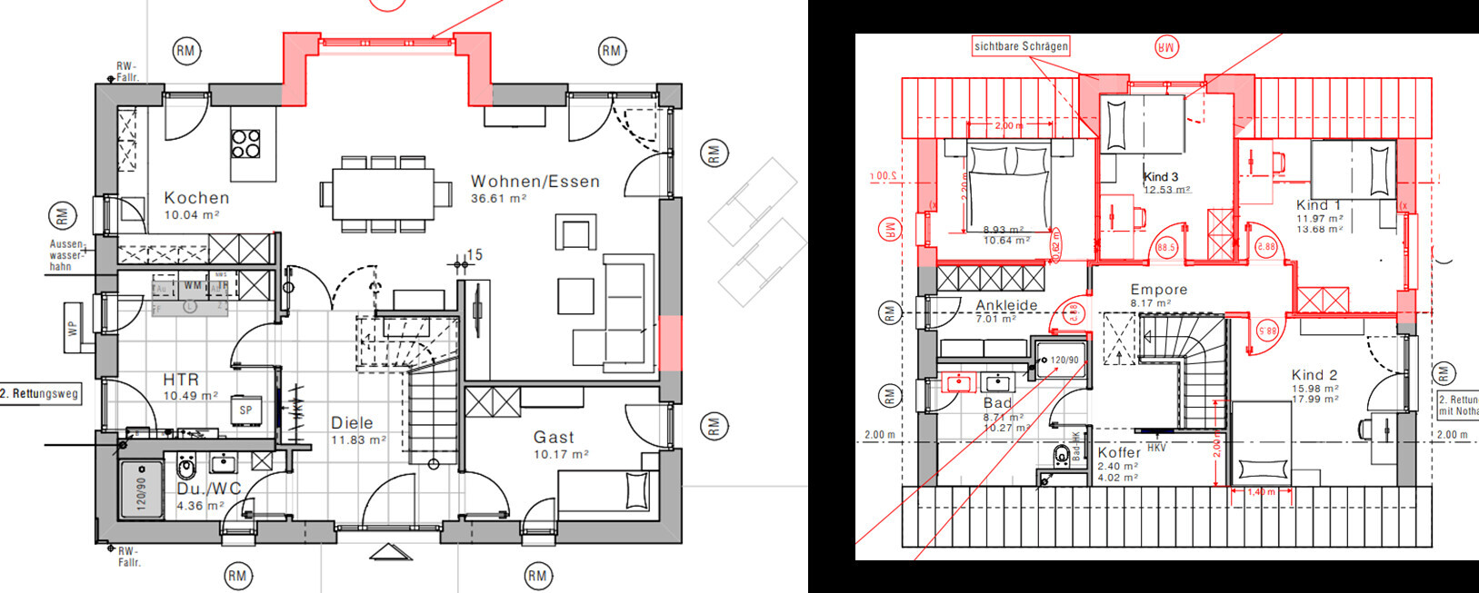 Grundriss eines zweigeschossigen Hauses mit Küche, Wohnen/Essen, Diele, Bad und Kinderzimmern.
