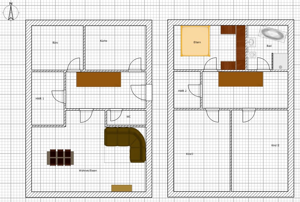 Zweigeschossiger Grundriss: links Büro, Küche, Wohnen; rechts Eltern, Bad, 2 Kinderzimmer.