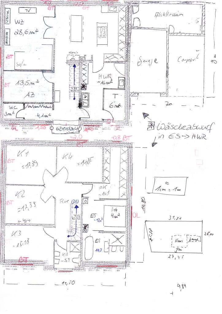 Skizzenhafter Grundriss eines Hauses mit zwei Etagen: WZ, Küche, Bad, Flur, Treppen.