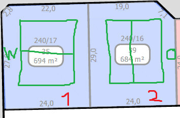 Grundrissplan mit zwei Räumen, grüne Umrandung, rote Nummern 1 und 2