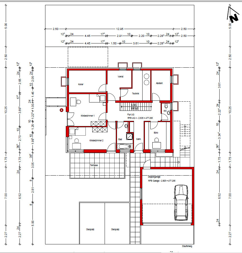 Grundriss eines Hauses mit Keller, Vorrat, Technik, Abstell, Flur UG, Bad, Büro, KiZi 1+2, Garage