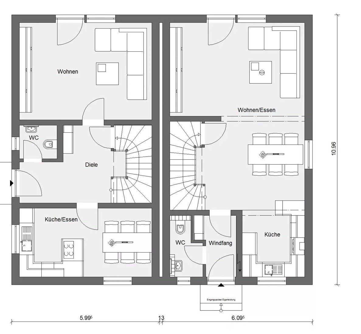 Zweifamilienhaus Grundrissplan mit zwei Wohneinheiten, Wohnzimmer, Küche und Treppen