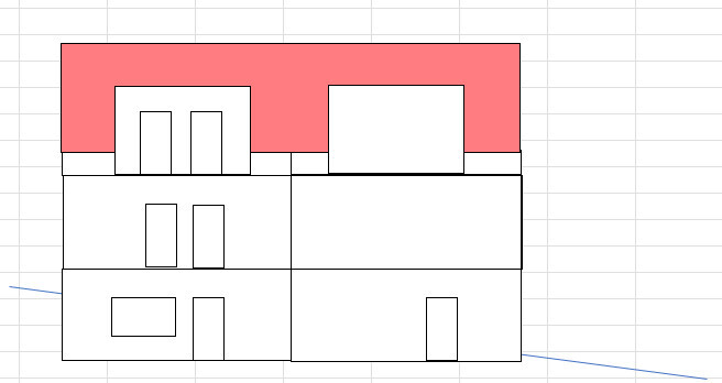 Grundriss eines mehrstöckigen Gebäudes mit rotem Dach, weißen Wänden, Türen und Fenstern.