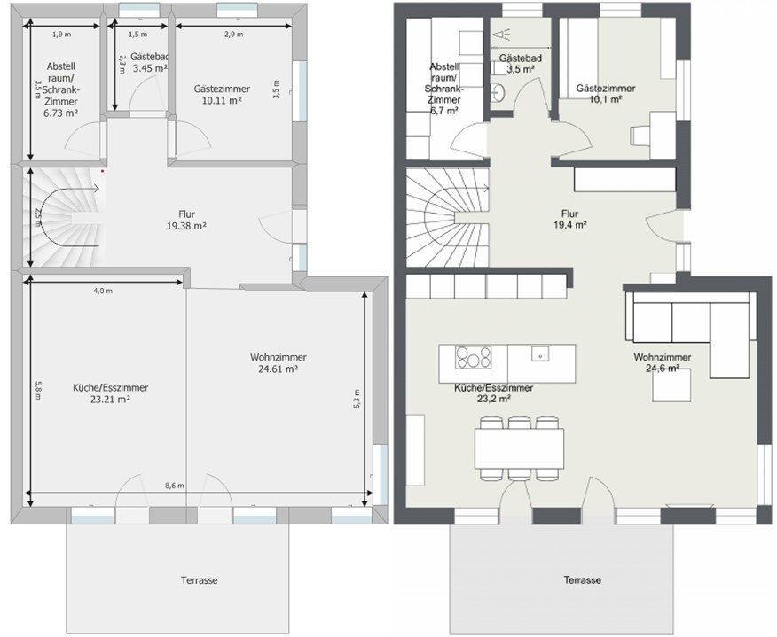 Zwei Grundrisse eines Hauses: Küche, Wohnzimmer, Flur, Terrasse, Gästezimmer und Abstellraum.