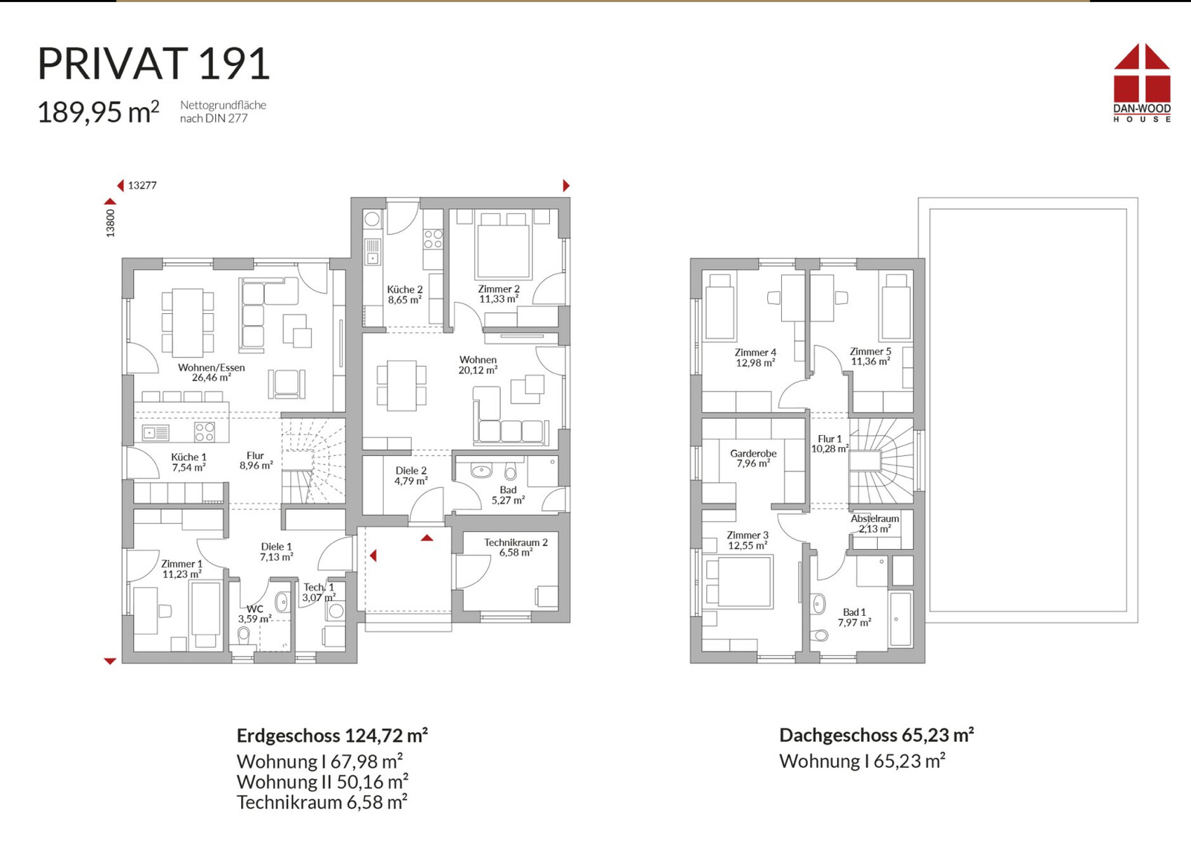 Zweistöckiger Grundriss eines Hauses mit Erd- und Dachgeschoss, Wohnraum und Küche.
