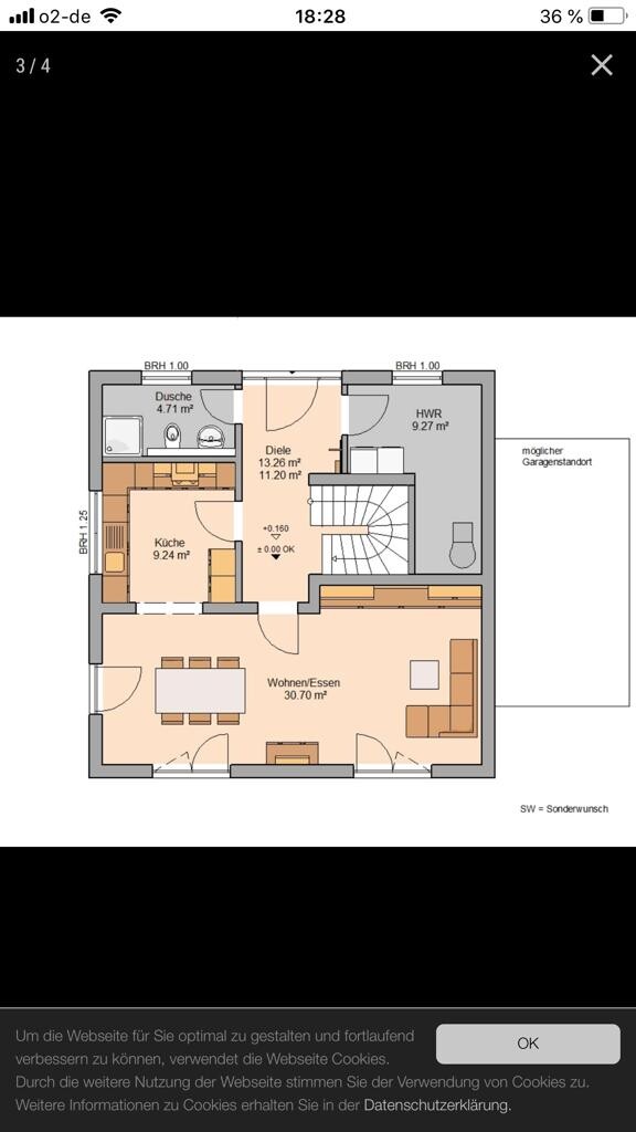 Grundriss eines Erdgeschosses: Diele, Küche, Wohnen/Essen, Dusche, HWR und Treppe.