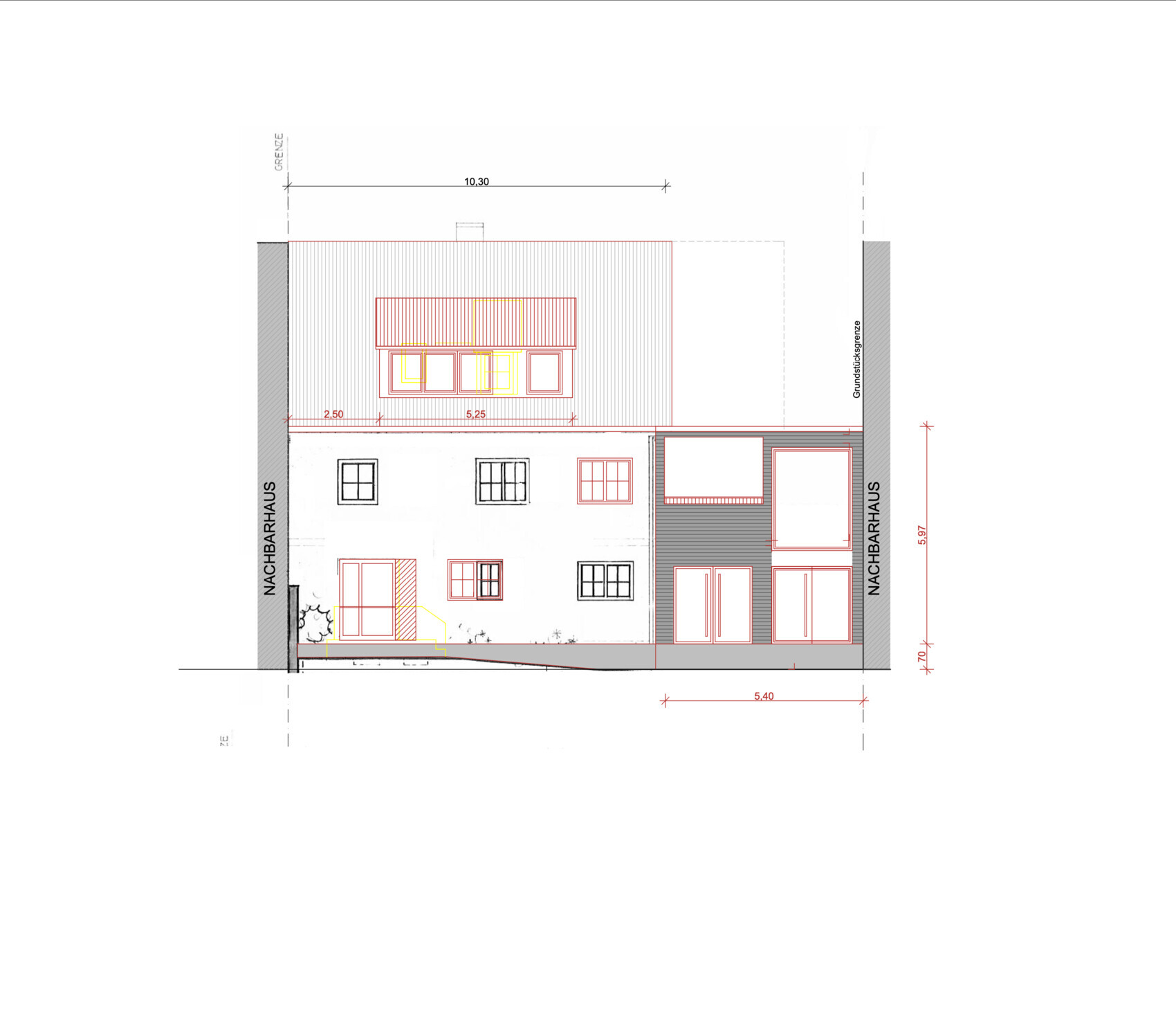 Architekturplan: Seitenansicht eines Hauses mit Anbau, Dach und Terrasse