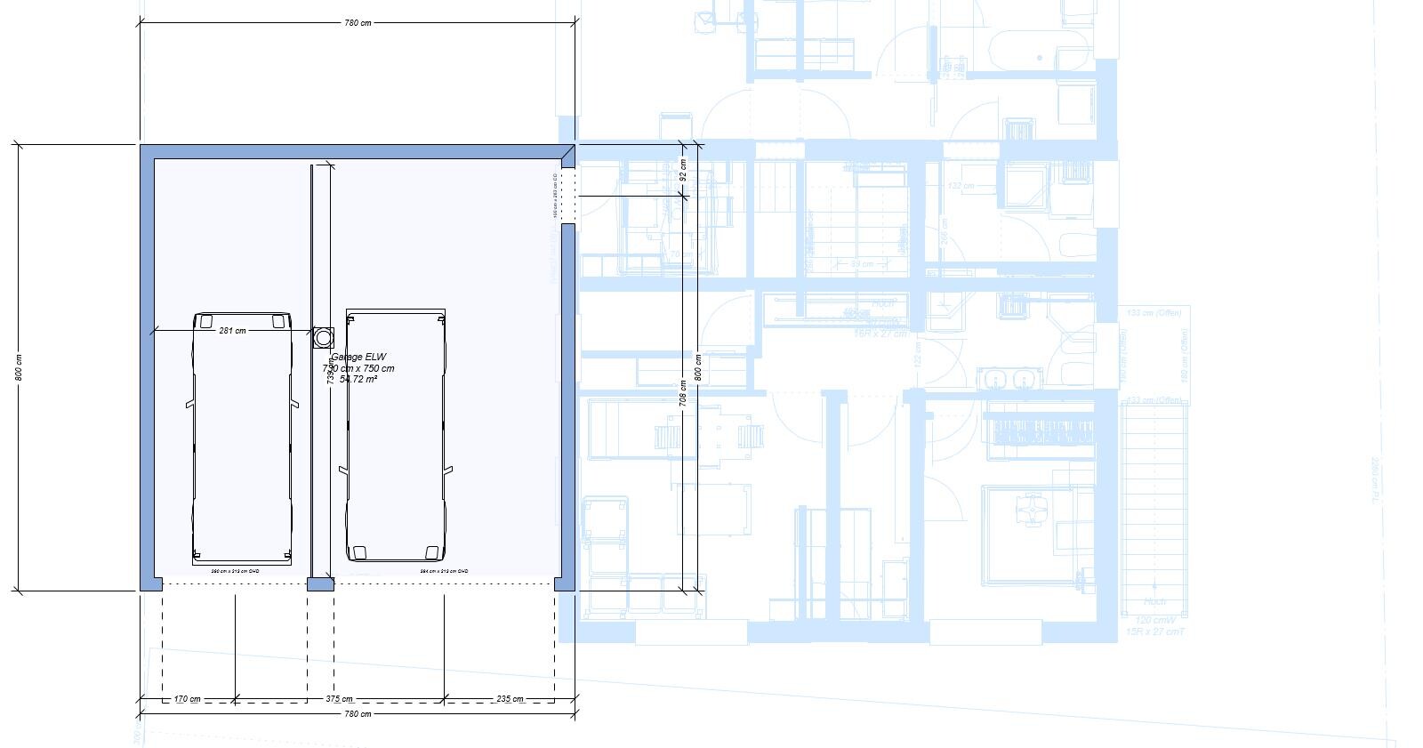 Grundriss: Doppelgarage mit zwei Autostellplätzen und umlaufender Wandabgrenzung.