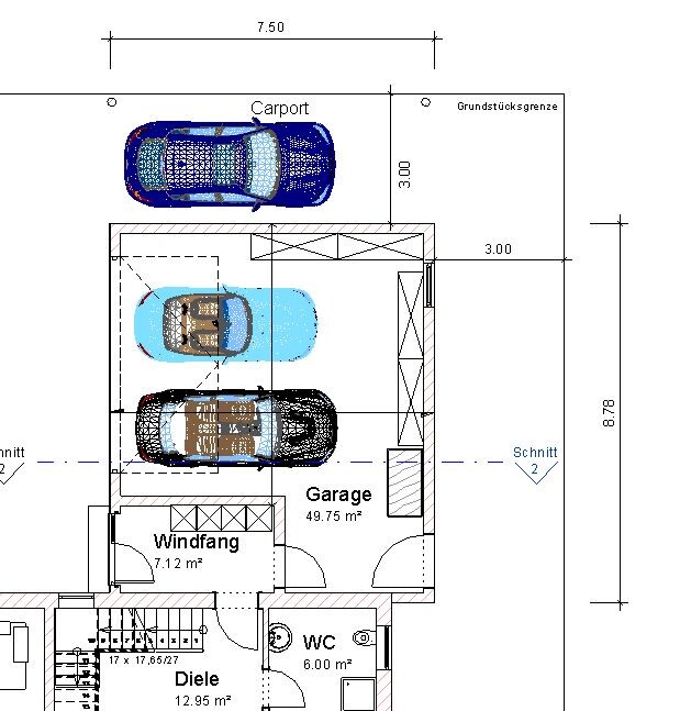 Grundriss eines Hauses mit Garage, Carport, Windfang, Diele und WC