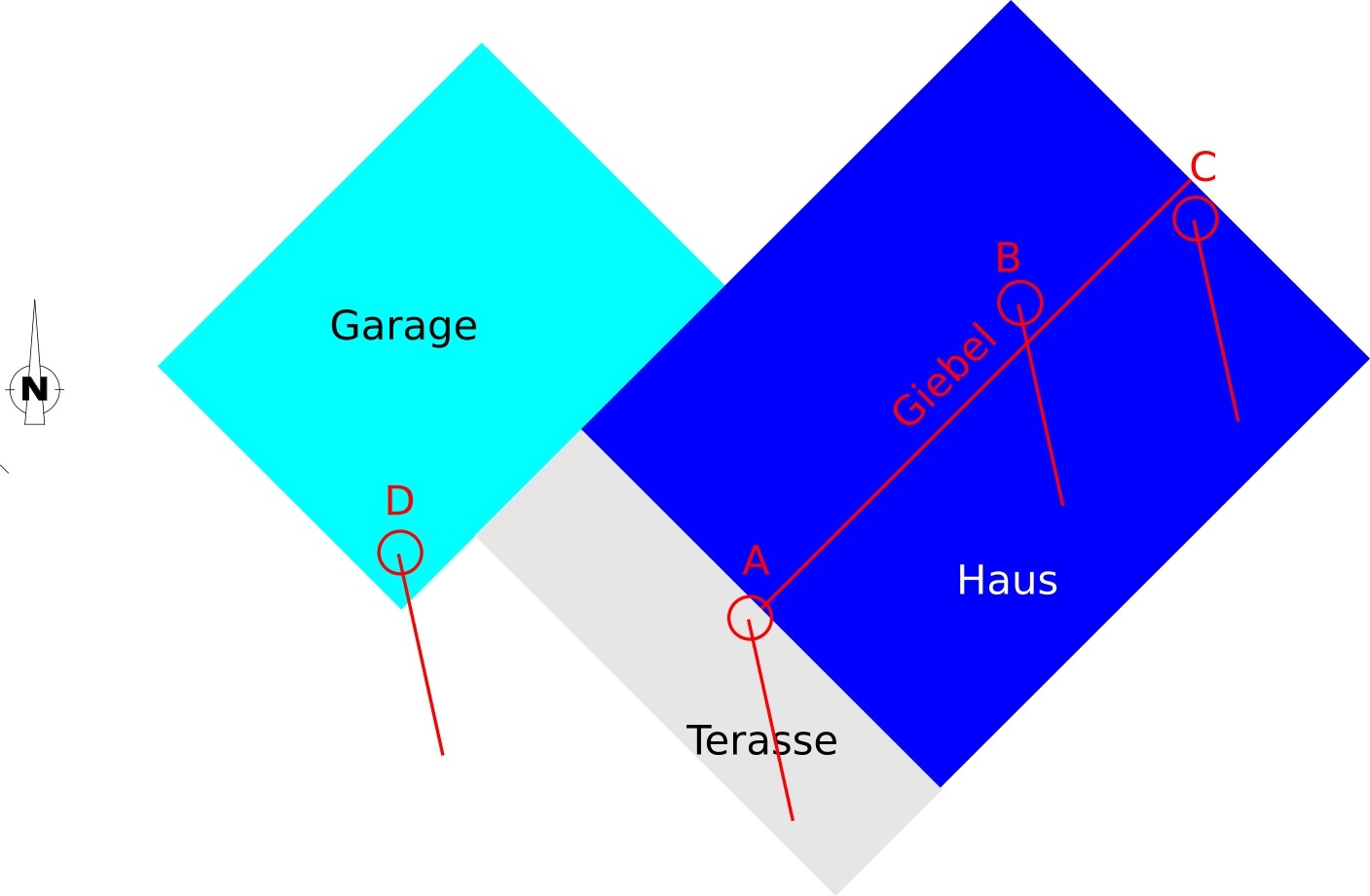 Top-down Grundriss eines Hauses mit Garage und Terrasse und roten Markierungen A-D