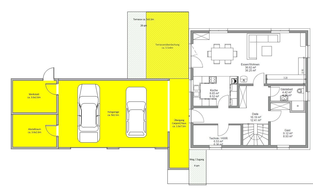 Grundriss eines Hauses mit gelb markierten Bereichen: Werkstatt, Abstellraum, Holzgarage und Carport.