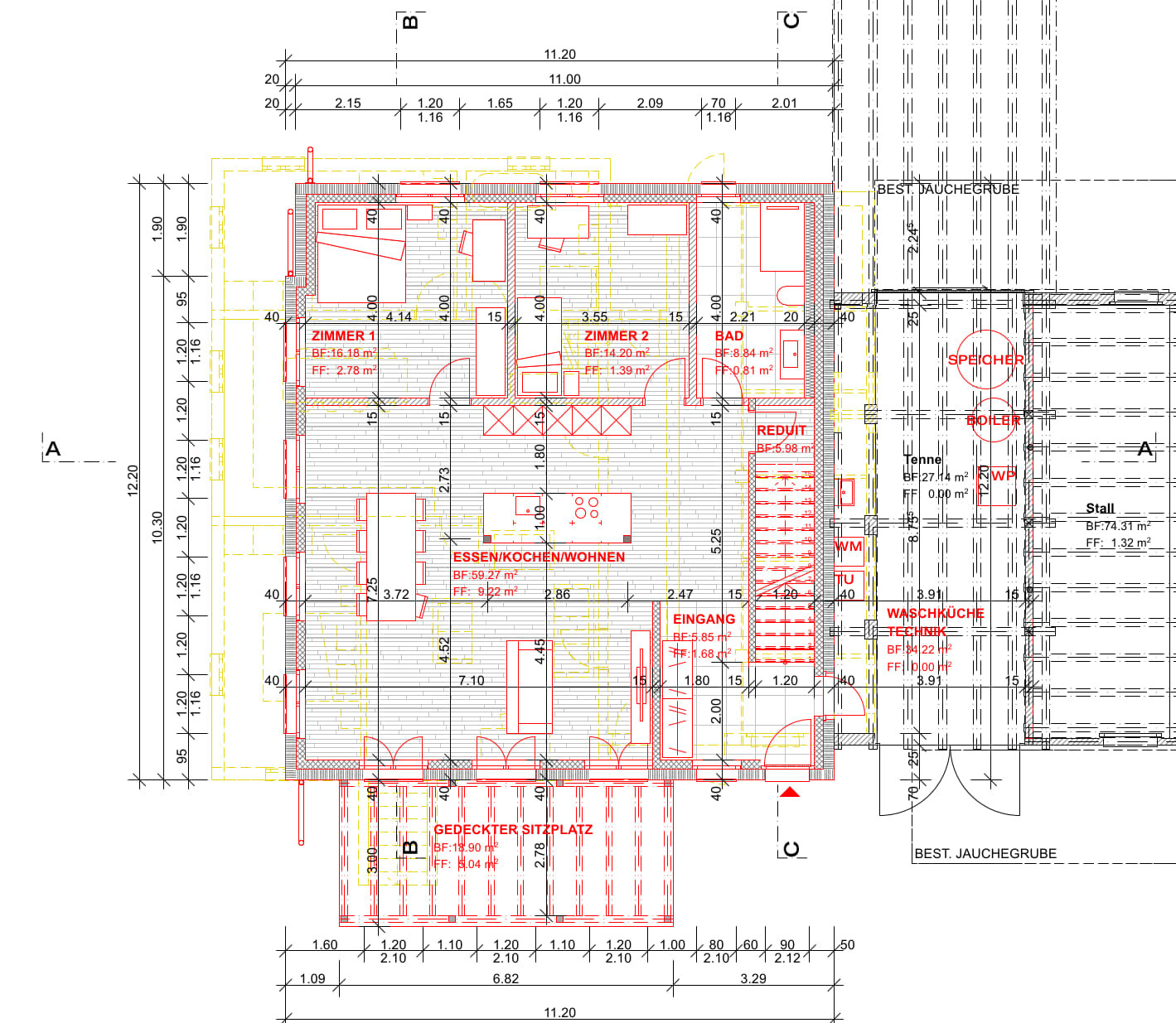 Grundrissplan eines Hauses mit Wohnbereich, Küche und Essbereich sowie Zimmern