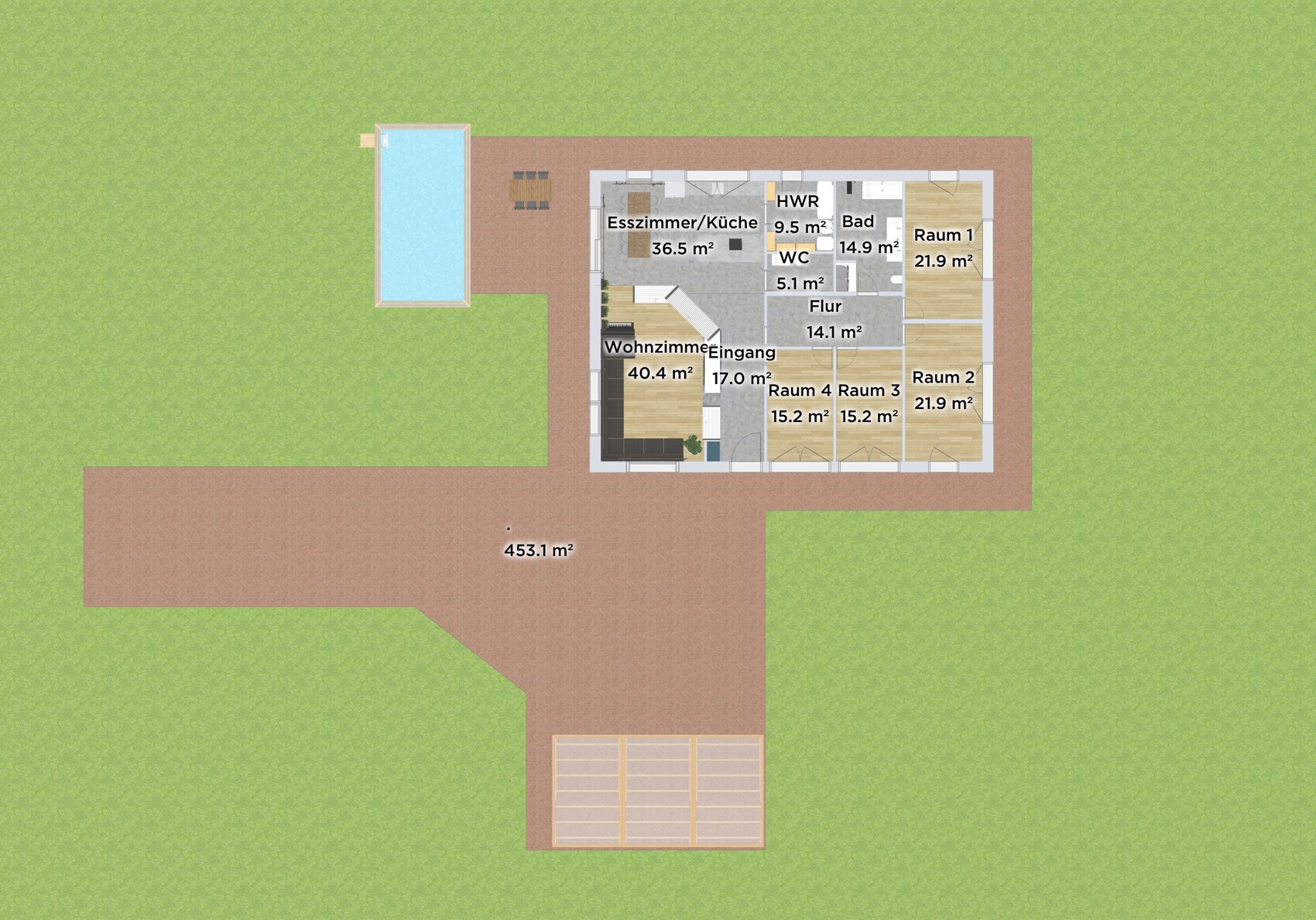 Grundrissplan eines Hauses mit Terrasse, Garten und Pool im Außenbereich