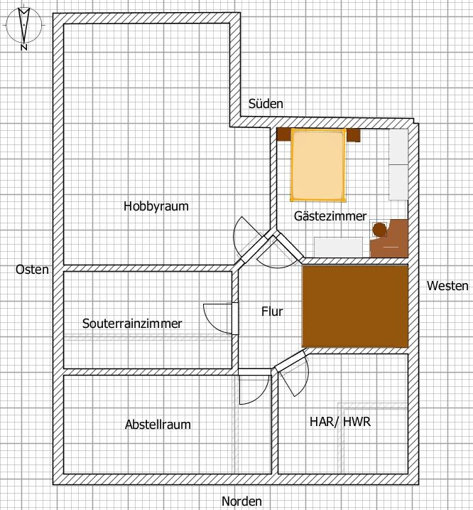 2D-Hausgrundriss mit Flur, Hobbyraum, Gaestezimmer, Abstellraum und HAR/HWR